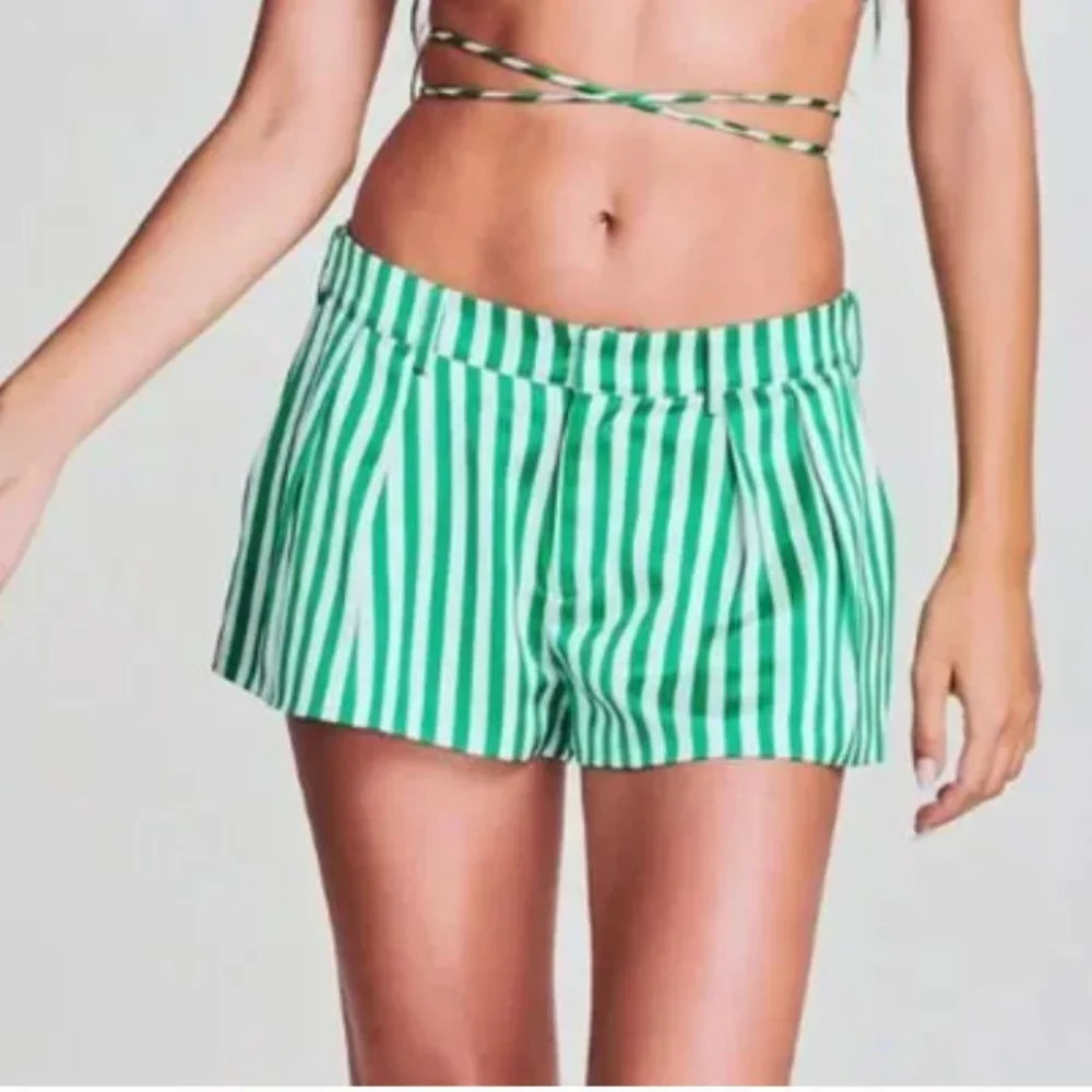 SER.O.YA Wren Wide Leg Short Kelly Green & White Stripe Silk Shorts XS NWT